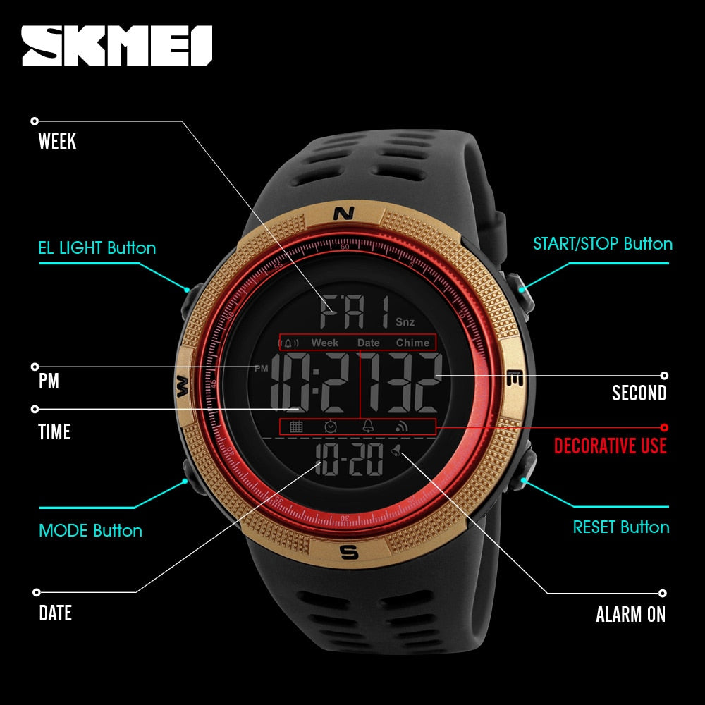 SKMEI Men's Waterproof LED Digital Sport Watch – Multifunction